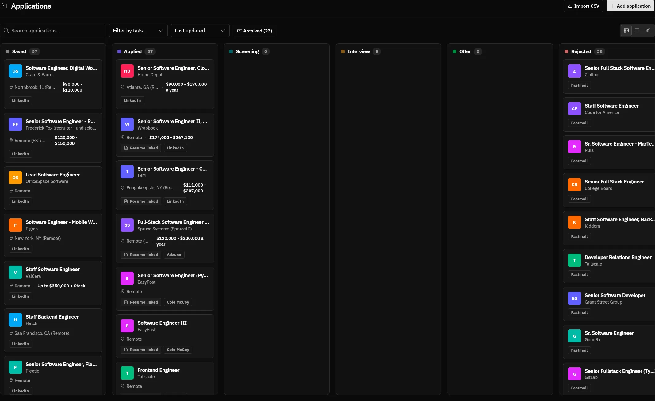The application tracker Kanban board